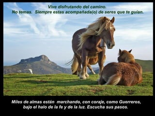 Miles de almas están  marchando, con coraje, como Guerreros, bajo el halo de la fe y de la luz. Escucha sus pasos.  Vive disfrutando del camino.  No temas.  Siempre estas acompañada(o) de seres que te guían. 