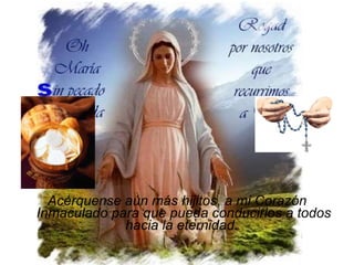 Acérquense aún más hijitos, a mi Corazón Inmaculado para que pueda conducirlos a todos hacia la eternidad.   
