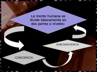 La mente humana se
            divide básicamente en
             dos partes o niveles:




                           SUBCONSCIENCIA




    CONCIENCIA


4
 