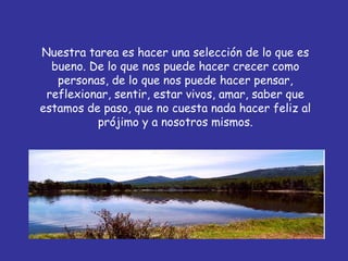 Nuestra tarea es hacer una selección de lo que es bueno. De lo que nos puede hacer crecer como personas, de lo que nos puede hacer pensar, reflexionar, sentir, estar vivos, amar, saber que estamos de paso, que no cuesta nada hacer feliz al prójimo y a nosotros mismos. 
