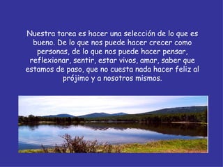Nuestra tarea es hacer una selección de lo que es bueno. De lo que nos puede hacer crecer como personas, de lo que nos puede hacer pensar, reflexionar, sentir, estar vivos, amar, saber que estamos de paso, que no cuesta nada hacer feliz al prójimo y a nosotros mismos. 