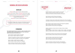 schreiwen.lu schreiwen.lumen.lu men.lu
26 27
REEGEL 10REEGEL 10
Am Lëtzebuergesche kënnt et dacks vir, datt verschidde Verben
déiselwecht oder bal déiselwecht Formen hunn, déi ee just
duerch de Kontext ënnerscheet kritt:
goen: ech ginn, du gees, hie geet, ech si gaang
ginn: ech ginn, du gëss, hie gëtt, ech hu ginn
spannen: ech spannen, du spënns, hie spënnt, ech hu gesponnen
spanen: ech spanen, du spaans, hie spaant, ech hu gespaant
falen: ech falen, du fäls, hie fält, ech si gefall
falen: ech falen, du faals, hie faalt, ech hu gefaalt
halen: ech halen, du häls, hien hält, ech hu gehalen
huelen: ech huelen, du hëls, hien hëlt, ech hu geholl
VERBEN, DÉI SECH GLÄICHEN
BEISPILLER
Ech ginn akafen a ginn dir dann e Stéck Schockela.
Hie freet sech op den Theater a freet sech, wéini datt et ugeet.
Wann dee Bouf virun esou seet, da seet säi Papp him wat gelift.
Hien zielt, datt hie seng Kanner gutt zillt an dobäi op
eng gesond Educatioun ziilt.
Da setzt iech, a passt op, datt der gutt sëtzt.
Vill Verbforme kléngen oder schreiwen sech d’selwecht oder bal
d’selwecht; just de Kontext erlaabt et, se z’ënnerscheeden.
D’PRINZIPIEN
kennen: ech kennen, du kenns, hie kennt, ech hu kannt
kënnen: ech kann, du kanns, hie kann, ech hu konnt
kommen: ech kommen, du kënns, hie kënnt, ech si komm
soen: ech soen, du sees, hie seet, ech hu gesot
seeën: ech seeën, du sees, hie seet, ech hu geseet
sech froen: ech froe mech, du frees dech, hie freet sech, ech hu mech gefrot
sech freeën: ech freeë mech, du frees dech, hie freet sech, ech hu mech gefreet
leien: ech leien, du läis, hie läit, ech louch, ech loung (ech hu geleeën)
léien: ech léien, du litts, hie litt, ech hu gelunn
leeën: ech leeën, du lees, hie leet, ech hu geluecht
leeden: ech leeden, du leets, hie leet, mir leeden, dir leet, si leeden,
ech hu geleet
leiden: ech leiden, du leits, hie leit, mir leiden, dir leit, si leiden, ech hu geleit
leiden: ech léiden, du léits, hie léit, mir léiden, dir léit, si léiden, ech hu geléit
(sech) setzen: ech setzen, du setz, hie setzt, ech hu (mech) gesat
sëtzen: ech sëtzen, du sëtz, hie sëtzt, ech souz (ech hu gesiess)
zielen: ech zielen, du ziels, hien zielt, ech hu gezielt
zilen: ech zilen, du ziils, hien ziilt, ech hu geziilt
zillen: ech zillen, du zills, hien zillt, ech hu gezillt
spieren: ech spieren, du spiers, hie spiert, ech hu gespuert
spueren: ech spueren, du spuers, hie spuert, ech hu gespuert
WAT DE BAUER NET
KENNT, DAT FRËSST
EN NET. •
KËNNS DE NET HAUT,
DA KËNNS DE MUER. ×
 