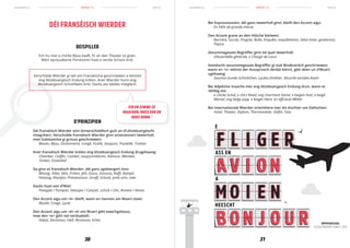 schreiwen.lu schreiwen.lumen.lu men.lu
30 31
REEGEL 12REEGEL 12
Déi franséisch Wierder sinn ënnerschiddlech gutt an d’Lëtzebuergescht
integréiert. Verschidde franséisch Wierder ginn onverännert iwwerholl,
mee Substantive gi grouss geschriwwen:
Besoin, Bijou, Dictionnaire, Congé, Ficelle, Soupçon, Poubelle, Trottoir
Aner franséisch Wierder kréien eng lëtzebuergesch Endung drugehaang:
Chamber, Coiffer, Combel, soupçonnéieren, Natioun, Member,
Timber, Ensembel
Da ginn et franséisch Wierder, déi ganz agebiergert sinn:
Bëtong, Tëlee, Vëlo, Fritten, Jelli, Zooss, Zoossiss, Kaffi, Rampli,
Kalzong, Klautjen, Pressessioun, Giraff, Schock, prett sinn, mee
Dacks huet een d’Wiel:
Pompjee / Pompier, Keessjee / Caissier, schick / chic, Annexe / Annex
Den Accent aigu um <é> bleift, wann en hannen am Wuert steet:
Musée, Congé, Lycée
Den Accent aigu um <é> vir am Wuert gëtt ewechgelooss,
mee den <e> gëtt net verduebelt:
Debat, Decisioun, reell, Reunioun, Echec
DÉI FRANSÉISCH WIERDER
BEISPILLER
Ech hu mer e chicke Bijou kaaft, fir an den Theater ze goen.
Mäin eprouvéierte Portmonni huet e seriöe Schock kritt.
Verschidde Wierder gi wéi am Franséische geschriwwen a kënnen
eng lëtzebuergesch Endung kréien. Aner Wierder hunn eng
lëtzebuergesch Schreifweis kritt. Dacks ass béides méiglech.
D’PRINZIPIEN
Bei Expressiounen, déi ganz iwwerholl ginn, bleift den Accent aigu:
En Délit de grande vitesse
Den Accent grave an den Hittche bleiwen:
Barrière, Succès, Progrès, Boîte, Enquête, enquêtéieren, Gêne (mee: genéieren),
Piqûre
Zesummegesate Begrëffer ginn tel quel iwwerholl:
d’Assemblée générale, e Chargé de cours
Gemëscht zesummegesate Begrëffer gi mat Bindestréch geschriwwen;
wann en <s> wéinst der Aussprooch derbäi kënnt, gëtt deen un d’Wuert
ugehaang:
Saumon-fumés-Schnittchen, Lycées-Direkter, Sécurité-sociales-Kaart
Bei Adjektive maache mer eng lëtzebuergesch Endung drun, wann et
néideg ass:
e chicke Schal, e chict Kleed, eng charmant Dame, e beigen Hutt, e beigë
Mantel, eng beige Jupp, e beiget Hiem, en efficacet Mëttel
Bei internationale Wierder orientéiere mer äis éischter um Däitschen:
Hotel, Theater, Diplom, Thermometer, Delfin, Foto
E
ASS EN
A
HEESCHT
FIR EN ZIWWI ZE
MAACHEN, MUSS EEN EN
HUES HUNN.•
DËPPEGÉISSER.
D'GELD REGÉIERT D’WELT. 2012
 