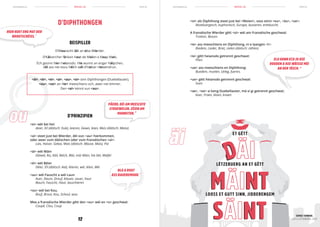 schreiwen.lu schreiwen.lumen.lu men.lu
12
REEGEL 04REEGEL 04
D’DIPHTHONGEN
BEISPILLER
D’Wourecht läit an eise Wierder.
D’Käizercher fänken haut de Moien e Koup Mais.
Ech gesinn hien heiansdo. Hie wunnt an enger Häipchen,
déi ass net esou héich wéi d’Haiser niewendrun.
<ei> wéi bei hei:
deier, Eil (däitsch: Eule), leieren, Gewei, leien, Meis (däitsch: Meise)
<ai> steet just bei Wierder, déi vun <au> hierkommen,
oder awer vum däitschen oder vum franséischen <ai>:
Lais, Haiser, Gebai, Mais (däitsch: Mäuse, Mais), Pai
<äi> wéi Wäin
Däiwel, Äis, Käil, Bäich, Bläi, mäi Wäin, hie läit, Mäifel
<éi> wéi Béier
Déier, Éil (däitsch: Aal), léieren, wéi, léien, Méi
<au> wéi Fauscht a wéi Laun
Auer, Daum, Drauf, klauen, sauer, haut
Bauch, Fauscht, Haut, lauschteren
<ou> wéi bei Kou,
Bouf, Brout, Kou, Schoul, wou
Mee a franséische Wierder gëtt den <ou> wéi en <u> geschwat:
Coupé, Clou, Coup
D’PRINZIPIEN
<oi> als Diphthong steet just bei <Moien>, soss stinn <eu>, <äu>, <ue>:
lëtzebuergesch, euphoresch, Europa, äusseren, enttäuscht.
A franséische Wierder gëtt <oi> wéi am Franséische geschwat:
Trottoir, Besoin
<ie> ass meeschtens en Diphthong, ni e laangen <i>:
Biedem, Lieder, Briet, zielen (däitsch: zählen)
	
<ie> gëtt heiansdo getrennt geschwat:
Plien
<ue> ass meeschtens en Diphthong:
Buedem, muelen, Ueleg, fueren,
<ue> gëtt heiansdo getrennt geschwat:
Suen
<ae>, <oe> si keng Duebellauter, mä si gi getrennt geschwat;
boer, Fraen, kloen, knaen
HIEN HUET ENG MAT DER
BROUTSCHÉISS. •
ELO HUNN ECH JO KEE
ROUDEN A KEE WÄISSE MÉI
AN DER TÄSCH. *
LOOSS ET GUTT SINN, JIDDERENGEM
LËTZEBUERG AN ET GËTT
ET GËTT
PÄERD, DÉI AM MEESCHTE
STRUEWELEN, ZÉIEN AM
MANNSTEN. ×
<äi>, <éi>, <ei>, <ai>, <au>, <oi> sinn Diphthongen (Duebellauter),
<ou>, <ue> an <ie> meeschtens och, awer net ëmmer.
Den <ai> kënnt vun <au>.
BLO A ROUT
ASS BAUEREMOUD. •
SERGE TONNAR.
ECH SI LËTZEBUERG. 2013
 