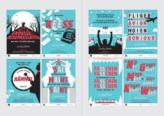 DICKS (EDMOND DE LA FONTAINE).
D’MUMM SÉISS ODER DE GEESCHT. 1856
REEGEL 8/15
Um Enn vun engem Wuert gëtt en n oder nn geschriwwen, wann dat Wuert
hannendru mat engem Vokal oder mat n, d, t, z, h ufänkt. Soss gewéinlech net.
WELL WANN ECH HOKES-POKES SON...
€
ANDY BAUSCH.
TROUBLEMAKER. 1988
REEGEL 2/15
De laangen e-Laut gëtt ëmmer ee geschriwwen.
Onofhängeg dovun, wéi vill Konsonanten hannendru kommen.
€
€
€
€
€
€
€
€
€
€
€
OP AN D’KLACKEN
ERAUS!
AN ELO SÉIER
€
D’
€
REEGEL 1/15
D’Vokaler a, i, o, u ginn an engem Wuert eenzel geschriwwen, wa se
laang geschwat sinn an hannendrun een oder kee Konsonant steet.
Viru méi Konsonante ginn dës Vokaler entweder duebel geschriwwen, wa se
laang geschwat sinn oder eenzel geschriwwen, wa se kuerz geschwat sinn.
MICHEL LENTZ.
D’SCHUEBERMËSS. SPAASS AN IERSCHT. 1873
AN D’KANNER LOOSSEN
HIRE KAFFI STON,
FIR DEENE SCHÉINEN
NOZEGON
HÄMMELHÄMMEL
REEGEL 4/15
Typesch fir d’Lëtzebuergescht si seng Diphthongen:
ai, äi, ei, éi, eu, ie, ou, ue, au, oi.
LOOSS ET GUTT SINN, JIDDERENGEM
LËTZEBUERG AN ET GËTT
ET GËTT
SERGE TONNAR.
ECH SI LËTZEBUERG. 2013
COLETTE A FERNAND.
D’FUTTBALLSLIDD. 1967
WA MIR FUTTBALL SPILLEN
HÄLT KEEN ONS DE BASS
DÉI ÉISCHT ZÉNG MINUTTEN
GI MIR SCHONN DRUN, DA GI MIR LASS
REEGEL 3/15
De betounten é steet virun ng, nk, ch, ck, x.
E
ASS EN
A
DËPPEGÉISSER.
D'GELD REGÉIERT D’WELT. 2012
REEGEL 12/15
Déi franséisch Wierder sinn ënnerschiddlech gutt an d’Lëtzebuergescht integréiert.
Verschidde franséisch Wierder ginn tel quel iwwerholl, mee d’Substantive gi grouss geschriwwen.
HEESCHT
REEGEL 6/15
Déi däitsch ss, ß, chs an z ginn am Lëtzebuergeschen ss geschriwwen.
DICKS (EDMOND DE LA FONTAINE).
DE WËLLEFCHEN AN DE FIISSCHEN. ALLERHAND VUM DICKS. 1903
ECH MUSS DECH FRIESSEN
ECH HUNN NÄISCHT Z’IESSEN
DE LÄB.
DIALEKTER. 2013
NET FIR ALLES GËTT ET ENG REEGEL!
D’Orthographie bezitt sech ëmmer op eng Standardvariant,
wat awer net heescht, datt regional an dialektal Variante verluer solle goen.
UER BIC
UER
AART
ET
IK
WK
N G
M
IK
UARTUART
STËFT
UARTUART
UARUAR
AART
ODER
ODER
ODER
ODER
ODER
UARUAR
K
OB
OB
BICM
W
GN
ODER
 