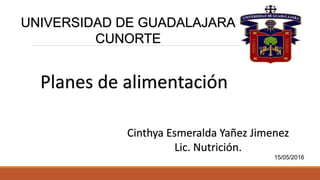 15/05/2016
UNIVERSIDAD DE GUADALAJARA
CUNORTE
Planes de alimentación
Cinthya Esmeralda Yañez Jimenez
Lic. Nutrición.
 