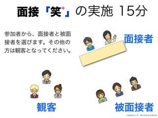 の実施 15分面接「笑 」゜
面接者
被面接者観客
参加者から、面接者と被面
接者を選びます。その他の
方は観客となってください。
© 産業能率大学 橋本研究室＆橋本諭
 
