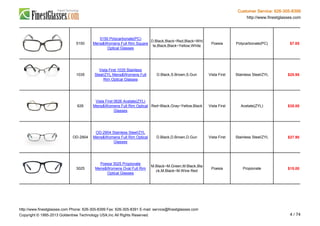 Customer Service: 626-305-8399
http://www.finestglasses.com
5150
5150 Polycarbonate(PC)
Mens&Womens Full Rim Square
Optical Glasses
D.Black,Black~Red,Black~Whi
te,Black,Black~Yellow,White
Poesia Polycarbonate(PC) $7.65
1035
Vista First 1035 Stainless
Steel/ZYL Mens&Womens Full
Rim Optical Glasses
D.Black,S.Brown,S.Gun Vista First Stainless Steel/ZYL $25.95
626
Vista First 0626 Acetate(ZYL)
Mens&Womens Full Rim Optical
Glasses
Red~Black,Gray~Yellow,Black Vista First Acetate(ZYL) $35.00
OD-2904
OD-2904 Stainless Steel/ZYL
Mens&Womens Full Rim Optical
Glasses
D.Black,D.Brown,D.Gun Vista First Stainless Steel/ZYL $27.90
3025
Poesia 3025 Propionate
Mens&Womens Oval Full Rim
Optical Glasses
M.Black~M.Green,M.Black,Bla
ck,M.Black~M.Wine Red
Poesia Propionate $15.00
http://www.finestglasses.com Phone: 626-305-8399 Fax: 626-305-8391 E-mail: service@finestglasses.com
Copyright © 1995-2013 Goldentree Technology USA,Inc All Rights Reserved. 4 / 74
 
