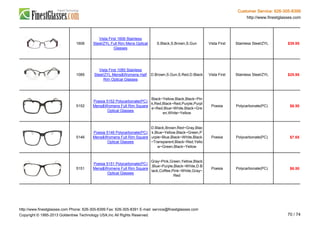 Customer Service: 626-305-8399
http://www.finestglasses.com
1606
Vista First 1606 Stainless
Steel/ZYL Full Rim Mens Optical
Glasses
S.Black,S.Brown,S.Gun Vista First Stainless Steel/ZYL $39.95
1085
Vista First 1085 Stainless
Steel/ZYL Mens&Womens Half
Rim Optical Glasses
D.Brown,S.Gun,S.Red,D.Black Vista First Stainless Steel/ZYL $25.95
5152
Poesia 5152 Polycarbonate(PC)
Mens&Womens Full Rim Square
Optical Glasses
Black~Yellow,Black,Black~Pin
k,Red,Black~Red,Purple,Purpl
e~Red,Blue~White,Black~Gre
en,White~Yellow
Poesia Polycarbonate(PC) $6.50
5146
Poesia 5146 Polycarbonate(PC)
Mens&Womens Full Rim Square
Optical Glasses
D.Black,Brown,Red~Gray,Blac
k,Blue~Yellow,Black~Green,P
urple~Blue,Black~White,Black
~Transparent,Black~Red,Yello
w~Green,Black~Yellow
Poesia Polycarbonate(PC) $7.65
5151
Poesia 5151 Polycarbonate(PC)
Mens&Womens Full Rim Square
Optical Glasses
Gray~Pink,Green,Yellow,Black
,Blue~Purple,Black~White,D.B
lack,Coffee,Pink~White,Gray~
Red
Poesia Polycarbonate(PC) $6.50
http://www.finestglasses.com Phone: 626-305-8399 Fax: 626-305-8391 E-mail: service@finestglasses.com
Copyright © 1995-2013 Goldentree Technology USA,Inc All Rights Reserved. 70 / 74
 