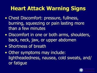 Heart Attack Warning Signs Chest Discomfort: pressure, fullness, burning, squeezing or pain lasting more than a few minutes Discomfort in one or both arms, shoulders, back, neck, jaw, or upper abdomen Shortness of breath Other symptoms may include: lightheadedness, nausea, cold sweats, and/or fatigue  