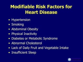 Modifiable Risk Factors for  Heart Disease  Hypertension Smoking  Abdominal Obesity Physical Inactivity Diabetes or Metabolic Syndrome  Abnormal Cholesterol  Lack of Daily Fruit and Vegetable Intake Insufficient Sleep 