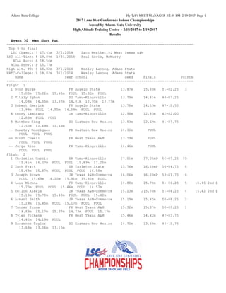 Adams State College Hy-Tek's MEET MANAGER 12:48 PM 2/19/2017 Page 1
2017 Lone Star Conference Indoor Championships
hosted by Adams State University
High Altitude Training Center - 2/18/2017 to 2/19/2017
Results
Event 30 Men Shot Put
==========================================================================================
Top 9 to final
LSC Champ.: ! 17.45m 3/2/2014 Zach Weatherly, West Texas A&M
LSC All-Time: # 19.89m 1/31/2014 Paul Davis, McMurry
NCAA Auto: A 18.56m
NCAA Prov.: P 15.77m
High Alt. TC: $ 18.82m 3/1/2014 Wesley Lavong, Adams State
HATC-College: % 18.82m 3/1/2014 Wesley Lavong, Adams State
Name Year School Seed Finals Points
==========================================================================================
Flight 1
1 Ryan Burge FR Angelo State 13.87m 15.60m 51-02.25 3
15.00m 15.22m 15.60m FOUL 15.32m FOUL
2 Vitaly Zghun SO Tamu-Kingsville 13.79m 14.81m 48-07.25
14.08m 14.55m 13.57m 14.81m 12.90m 13.77m
3 Robert Emerick FR Angelo State 13.78m 14.59m 47-10.50
13.99m FOUL 14.55m 14.59m FOUL FOUL
4 Kenny Zamorano JR Tamu-Kingsville 12.98m 12.85m 42-02.00
12.85m FOUL FOUL
5 Matthew King SO Eastern New Mexico 13.63m 12.69m 41-07.75
12.50m 12.69m 12.63m
-- Demetry Rodriguez FR Eastern New Mexico 14.30m FOUL
FOUL FOUL FOUL
-- Brent Cowell FR West Texas A&M 13.79m FOUL
FOUL FOUL FOUL
-- Jorge Rios FR Tamu-Kingsville 14.46m FOUL
FOUL FOUL FOUL
Flight 2
1 Christian Garcia SR Tamu-Kingsville 17.01m 17.25mP 56-07.25 10
15.41m 16.07m FOUL FOUL 15.89m 17.25m
2 Zach Pratt SR Tarleton State 15.76m 16.58mP 54-04.75 8
15.48m 15.87m FOUL FOUL FOUL 16.58m
3 Joseph Brown JR Texas A&M-Commerce 16.06m 16.20mP 53-01.75 6
FOUL 15.69m 16.20m 15.91m 15.91m FOUL
4 Lane Michna FR Tamu-Kingsville 14.88m 15.70m 51-06.25 5 15.46 2nd best
15.70m FOUL FOUL 15.46m FOUL 14.57m
5 Kellon Alexis JR Texas A&M-Commerce 15.23m J15.70m 51-06.25 4 15.42 2nd best
15.19m 15.70m 15.40m FOUL FOUL 15.42m
6 Armani Smith JR Texas A&M-Commerce 15.19m 15.45m 50-08.25 2
15.29m 15.45m FOUL 15.17m FOUL FOUL
7 Tanner Stone FR West Texas A&M 15.32m 15.37m 50-05.25 1
14.63m 15.17m 15.37m 14.73m FOUL 15.17m
8 Tyler Pickens FR West Texas A&M 15.46m 14.42m 47-03.75
14.42m 14.19m FOUL
9 Darrence Taylor SO Eastern New Mexico 14.70m 13.68m 44-10.75
13.68m 13.06m 13.15m
 
