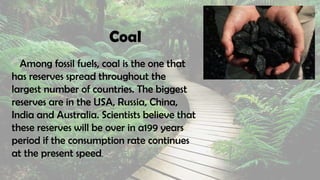 Coal
Among fossil fuels, coal is the one that
has reserves spread throughout the
largest number of countries. The biggest
reserves are in the USA, Russia, China,
India and Australia. Scientists believe that
these reserves will be over in a199 years
period if the consumption rate continues
at the present speed.
 