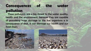 Consequences of the water
pollution
These pollutants are a big threat to the water quality,
health and the environment, because they are capable
of provoking huge damage to the live organisms e in
consequence of that, it can damage our health and our
food chain.
 