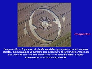Ha aparecido en Inglaterra, el círculo mandalas, que aparecen en los campos abiertos. Este círculo es un llamado para despertar a la Humanidad. Parece ser que viene de seres de otra dimensiones o de otros planetas. Y llegan exactamente en el momento perfecto. Despierten 