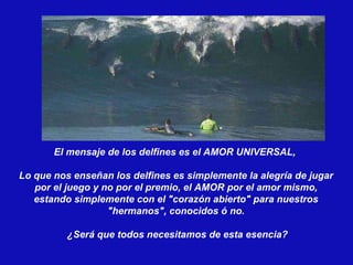 El mensaje de los delfines es el AMOR UNIVERSAL,  Lo que nos enseñan los delfines es simplemente la alegría de jugar por el juego y no por el premio, el AMOR por el amor mismo, estando simplemente con el "corazón abierto" para nuestros "hermanos", conocidos ó no. ¿Será que todos necesitamos de esta esencia? 