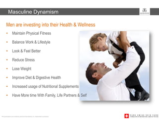 Masculine Dynamism

        Men are investing into their Health & Wellness
        •         Maintain Physical Fitness

        •         Balance Work & Lifestyle

        •         Look & Feel Better

        •         Reduce Stress

        •         Lose Weight

        •         Improve Diet & Digestive Health

        •         Increased usage of Nutritional Supplements

        •         Have More time With Family, Life Partners & Self



This presentation was created by Arbonne International, Inc. Independent Consultants
 