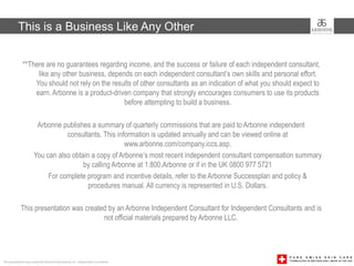 This is a Business Like Any Other


               **There are no guarantees regarding income, and the success or failure of each independent consultant,
                    like any other business, depends on each independent consultant’s own skills and personal effort.
                   You should not rely on the results of other consultants as an indication of what you should expect to
                   earn. Arbonne is a product-driven company that strongly encourages consumers to use its products
                                                  before attempting to build a business.

                         Arbonne publishes a summary of quarterly commissions that are paid to Arbonne independent
                                   consultants. This information is updated annually and can be viewed online at
                                                        www.arbonne.com/company.iccs.asp.
                        You can also obtain a copy of Arbonne’s most recent independent consultant compensation summary
                                         by calling Arbonne at 1.800.Arbonne or if in the UK 0800 977 5721
                             For complete program and incentive details, refer to the Arbonne Successplan and policy &
                                           procedures manual. All currency is represented in U.S. Dollars.

             This presentation was created by an Arbonne Independent Consultant for Independent Consultants and is
                                         not official materials prepared by Arbonne LLC.




This presentation was created by Arbonne International, Inc. Independent Consultants
 