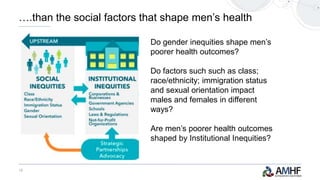 13
….than the social factors that shape men’s health
Do gender inequities shape men’s
poorer health outcomes?
Do factors such such as class;
race/ethnicity; immigration status
and sexual orientation impact
males and females in different
ways?
Are men’s poorer health outcomes
shaped by Institutional Inequities?
 