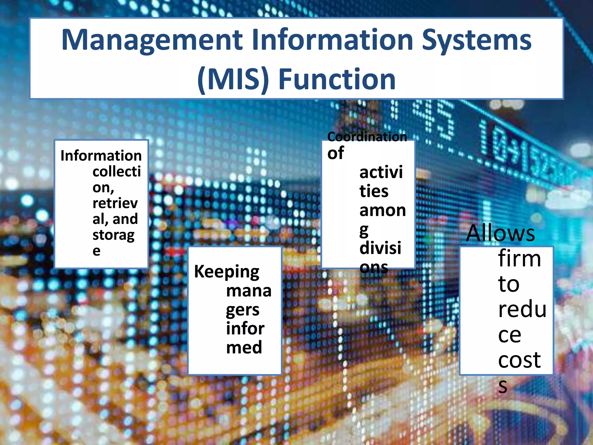 Management Information Systems
(MIS) Function
Information
collecti
on,
retriev
al, and
storag
e
Keeping
mana
gers
infor
med
Coordination
of
activi
ties
amon
g
divisi
ons
Allows
firm
to
redu
ce
cost
s
 