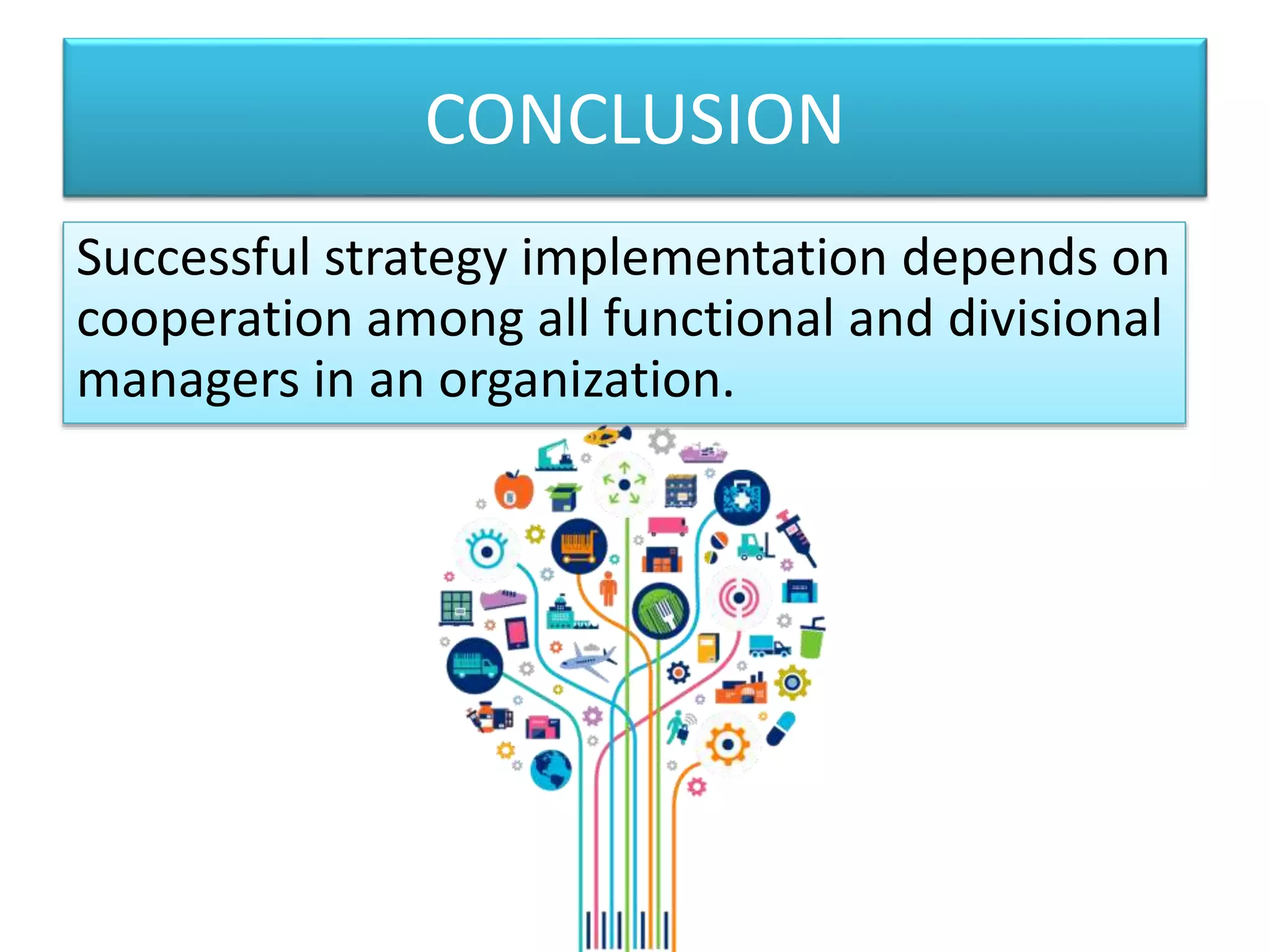 CONCLUSION
Successful strategy implementation depends on
cooperation among all functional and divisional
managers in an organization.
 
