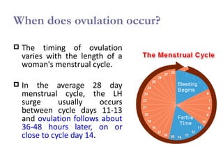 When does ovulation occur?

   The timing of ovulation
    varies with the length of a
    woman's menstrual cycle.

   In the average 28 day
    menstrual cycle, the LH
    surge      usually     occurs
    between cycle days 11-13
    and ovulation follows about
    36-48 hours later, on or
    close to cycle day 14.
 
