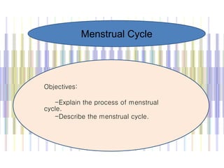 Menstrual Cycle
Objectives:
-Explain the process of menstrual
cycle.
-Describe the menstrual cycle.
 