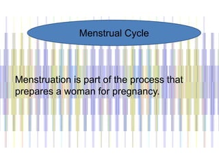 Menstruation is part of the process that
prepares a woman for pregnancy.
Menstrual Cycle
 