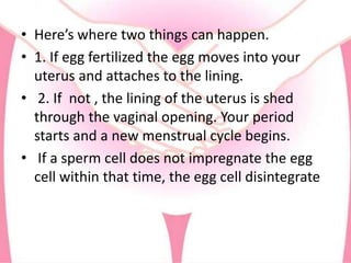 • Here’s where two things can happen.
• 1. If egg fertilized the egg moves into your
uterus and attaches to the lining.
• 2. If not , the lining of the uterus is shed
through the vaginal opening. Your period
starts and a new menstrual cycle begins.
• If a sperm cell does not impregnate the egg
cell within that time, the egg cell disintegrate
 