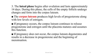 3. The luteal phase begins after ovulation and lasts approximately
14 days. During this phase, the cells of the empty follicle undergo
changes and form into the corpus luteum.
■ The corpus luteum produces high levels of progesterone along
with low levels of estrogen.
■ If pregnancy occurs, the corpus luteum continues to release
progesterone and estrogen until the placenta matures and assumes
this function.
■ If pregnancy does not occur, the corpus luteum degenerates and
results in a decrease in progesterone and the beginning of
menstruation.
10/5/2024 Msouda Asaira 10
 