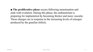 ■ The proliferative phase occurs following menstruation and
ends with ovulation. During this phase, the endometrium is
preparing for implantation by becoming thicker and more vascular.
These changes are in response to the increasing levels of estrogen
produced by the graafian follicle.
10/5/2024 Msouda Asaira 13
 