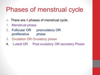 Phases of menstrual cycle
 There are 4 phases of menstrual cycle .
1. Menstrual phase
2. Follicular OR preovulatory OR
proliferative phase
3. Ovulation OR Ovulatory phase
4. Luteal OR Post ovulatory OR secretary Phase
 