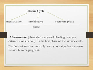 Uterine Cycle
menstruation proliferative secretory phase
phase
Menstruation (also called menstrual bleeding, menses,
catamenia or a period)- is the first phase of the uterine cycle.
The flow of menses normally serves as a sign that a woman
has not become pregnant.
 