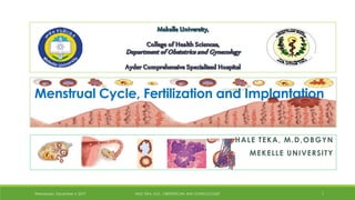 HALE TEKA, M.D,OBGYN
MEKELLE UNIVERSITY
Wednesday, December 4, 2019 HALE TEKA, M.D., OBSTETRICIAN AND GYNECOLOGIST 1
Menstrual Cycle, Fertilization and Implantation
 