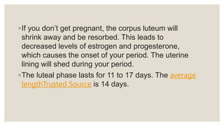 ◦If you don’t get pregnant, the corpus luteum will
shrink away and be resorbed. This leads to
decreased levels of estrogen and progesterone,
which causes the onset of your period. The uterine
lining will shed during your period.
◦The luteal phase lasts for 11 to 17 days. The average
lengthTrusted Source is 14 days.
 