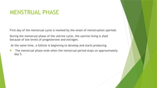 MENSTRUAL PHASE
First day of the menstrual cycle is marked by the onset of menstruation (period)
During the menstrual phase of the uterine cycle, the uterine lining is shed
because of low levels of progesterone and estrogen.
At the same time, a follicle is beginning to develop and starts producing.
 The menstrual phase ends when the menstrual period stops on approximately
day 5.
 