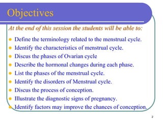 Objectives
At the end of this session the students will be able to:
 Define the terminology related to the menstrual cycle.
 Identify the characteristics of menstrual cycle.
 Discus the phases of Ovarian cycle
 Describe the hormonal changes during each phase.
 List the phases of the menstrual cycle.
 Identify the disorders of Menstrual cycle.
 Discus the process of conception.
 Illustrate the diagnostic signs of pregnancy.
 Identify factors may improve the chances of conception.
2
 