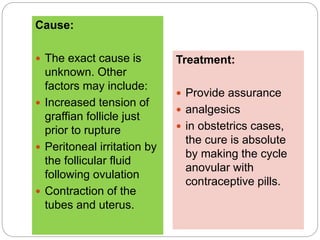 Cause:
 The exact cause is
unknown. Other
factors may include:
 Increased tension of
graffian follicle just
prior to rupture
 Peritoneal irritation by
the follicular fluid
following ovulation
 Contraction of the
tubes and uterus.
Treatment:
 Provide assurance
 analgesics
 in obstetrics cases,
the cure is absolute
by making the cycle
anovular with
contraceptive pills.
 