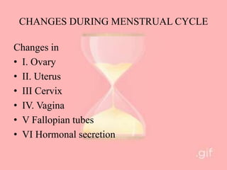 CHANGES DURING MENSTRUAL CYCLE
Changes in
• I. Ovary
• II. Uterus
• III Cervix
• IV. Vagina
• V Fallopian tubes
• VI Hormonal secretion
 