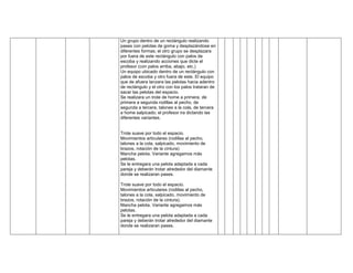 Un grupo dentro de un rectángulo realizando
pases con pelotas de goma y desplazándose en
diferentes formas; el otro grupo se desplazara
por fuera de este rectángulo con palos de
escoba y realizando acciones que dicte el
profesor (con palos arriba, abajo, etc.)
Un equipo ubicado dentro de un rectángulo con
palos de escoba y otro fuera de este. El equipo
que de afuera lanzara las pelotas hacia adentro
de rectángulo y el otro con los palos trataran de
sacar las pelotas del espacio.
Se realizara un trote de home a primera, de
primera a segunda rodillas al pecho, de
segunda a tercera, talones a la cola, de tercera
a home salpicado; el profesor ira dictando las
diferentes variantes.
Trote suave por todo el espacio.
Movimientos articulares (rodillas al pecho,
talones a la cola, salpicado, movimiento de
brazos, rotación de la cintura)
Mancha pelota. Variante agregamos más
pelotas.
Se le entregara una pelota adaptada a cada
pareja y deberán trotar alrededor del diamante
donde se realizaran pases.
Trote suave por todo el espacio.
Movimientos articulares (rodillas al pecho,
talones a la cola, salpicado, movimiento de
brazos, rotación de la cintura).
Mancha pelota. Variante agregamos más
pelotas.
Se le entregara una pelota adaptada a cada
pareja y deberán trotar alrededor del diamante
donde se realizaran pases.
 