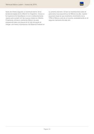 Página 10
Mensual Macro Latam – marzo de 2018
tasas de interés seguirán un eventual retorno de la
tendencia bajista de la inflación en Argentina, incluso si
la trayectoria de desinflación no es lo suficientemente
rápida para cumplir con las nuevas metas de inflación.
Finalmente, el banco central de México se está
preparando para una pausa en el ciclo de ajuste al
otorgar una menor importancia a la Reserva Federal en
su próxima decisión. Si bien la incertidumbre sobre el
panorama macroeconómico en México es alta, nuestro
escenario base es que el próximo movimiento de la
TPM en México será de un recorte, probablemente en el
segundo semestre de este año.
 