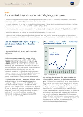 Página 11
Mensual Macro Latam – marzo de 2018
Brasil
Ciclo de flexibilización: un recorte más, luego una pausa
• Redujimos nuestra proyección para el déficit presupuestario primario en 2018 a 1,9% del PIB, desde 2,0%, reafirmando
nuestra expectativa de que el gobierno alcance fácilmente su meta.
• El PIB se expandió 0,1% en el 4T17, consolidando la recuperación, a pesar de una lectura aparentemente débil. Nuestras
previsiones de crecimiento se sitúan en 3,0% en 2018 y 3,7% en 2019.
• Mantuvimos nuestras proyecciones para el tipo de cambio en 3,25 reales por dólar a fines de 2018 y 3,30 a fines de 2019.
• Nuestras proyecciones de inflación se mantienen en 3,5% en 2018 y 4,0% en 2019.
• Esperamos que el Comité de Política Monetaria reduzca la tasa Selic a 6,5%, dadas las sorpresas en los últimos datos
económicos, que son lo suficientemente sustanciales como para justificar un recorte final en las tasas de interés en marzo.
Los resultados fiscales siguen mejorando,
pero la sostenibilidad depende de las
reformas
Los resultados fiscales a corto plazo continúan
mejorando.
Redujimos nuestra proyección para el déficit
presupuestario primario en 2018 a 1,9% del PIB
(137.000 millones de reales), desde 2,0% del PIB
(145.000 millones de reales). Esto respalda nuestra
opinión de que el cumplimiento de la meta de 161.000
millones de reales (2,2% del PIB) y el límite del gasto no
será un desafío tan considerable este año. Los
resultados fiscales en 2018 se verán beneficiados por
mayores ingresos extraordinarios, en particular aquellos
relacionados con los programas de amnistía fiscal
(Refis), y por un menor gasto obligatorio en subsidios.
La dinámica de la deuda y la llamada regla de oro no
serán una fuente de preocupación este año. A
medida que el banco de desarrollo BNDES devuelve
130.000 millones de reales al Tesoro Nacional, el
gobierno podrá cumplir la regla de oro este año. A pesar
de que los resultados primarios siguen siendo negativos,
este pago, junto con un mayor crecimiento económico y
las tasas de interés real más bajas contribuirán a
mantener la deuda bruta como porcentaje del PIB
virtualmente estable en 2018.
La deuda bruta podría mantenerse
relativamente estable en 2018
Fuente: Tesoro Nacional, Itaú
Sin embargo, sin reformas, los resultados fiscales
reanudarán una tendencia de deterioro a partir de
2019. La tramitación de la reforma de las pensiones en el
Congreso, un prerrequisito para reequilibrar las cuentas
públicas fue suspendida y, lo más probable, es que solo
vuelva a estar sobre la mesa de debate en la próxima
administración. Si controlar los gastos públicos no es
factible (según establece el límite del gasto), se detendría
la convergencia gradual hacia los superávits primarios
que son compatibles con la estabilización de la deuda
pública. Si la trayectoria actual e insostenible de la deuda
pública persiste, el repunte en la actividad económica y la
sostenibilidad de las tasas de interés en niveles
históricamente bajos estarán en peligro.
50%
55%
60%
65%
70%
75%
2006
2007
2008
2009
2010
2011
2012
2013
2014
2015
2016
2017
2018
Deuda bruta del
gobierno General
% del PIB
 