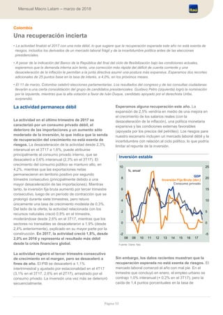 Página 33
Mensual Macro Latam – marzo de 2018
Colombia
Una recuperación incierta
• La actividad finalizó el 2017 con una nota débil, lo que sugiere que la recuperación esperada este año no está exenta de
riesgos, incluidos los derivados de un mercado laboral frágil y de la incertidumbre política antes de las elecciones
presidenciales.
• A pesar de la indicación del Banco de la República del final del ciclo de flexibilización bajo las condiciones actuales,
esperamos que la demanda interna aún lenta, una corrección más rápida del déficit de cuenta corriente y una
desaceleración de la inflación le permitan a la junta directiva asumir una postura más expansiva. Esperamos dos recortes
adicionales de 25 puntos base en la tasa de interés, a 4,0%, en los próximos meses.
• El 11 de marzo, Colombia celebró elecciones parlamentarias. Los resultados del congreso y de las consultas ciudadanas
llevarán a una cierta consolidación del grupo de candidatos presidenciales. Gustavo Petro (izquierda) logró la nominación
por la izquierda, mientras que la alta votación a favor de Iván Duque, candidato apoyado por el derechista Uribe,
sorprendió.
La actividad permanece débil
La actividad en el último trimestre de 2017 se
caracterizó por un consumo privado débil, el
deterioro de las importaciones y un aumento sólo
moderado de la inversión, lo que indica que la senda
de recuperación del crecimiento no está exenta de
riesgos. La desaceleración de la actividad desde 2,3%
interanual en el 3T17 a 1,6%, puede atribuirse
principalmente al consumo privado interno, que se
desaceleró a 0,6% interanual (2,3% en el 3T17). El
crecimiento del consumo público se mantuvo alto, en
4,2%, mientras que las exportaciones netas
permanecieron en territorio positivo por segundo
trimestre consecutivo (principalmente debido a una
mayor desaceleración de las importaciones). Mientras
tanto, la inversión fija bruta aumentó por tercer trimestre
consecutivo, luego de un período de contracción que se
prolongó durante siete trimestres, pero retuvo
únicamente una tasa de crecimiento modesta de 0,3%.
Del lado de la oferta, la actividad relacionada con los
recursos naturales creció 0,8% en el trimestre,
moderándose desde 2,6% en el 3T17, mientras que los
sectores no transables se desaceleraron a 1,9% (desde
2,4% anteriormente), explicado en su mayor parte por la
construcción. En 2017, la actividad creció 1,8%, desde
2,0% en 2016 y representa el resultado más débil
desde la crisis financiera global.
La actividad registró el tercer trimestre consecutivo
de crecimiento en el margen, pero se desaceleró a
fines de año. El PIB se desaceleró a 1,1%
intertrimestral y ajustado por estacionalidad en el 4T17
(3,1% en el 3T17, 2,6% en el 2T17), arrastrado por el
consumo privado. La inversión una vez más se deterioró
secuencialmente.
Esperamos alguna recuperación este año. La
expansión de 2,5% vendría en medio de una mejora en
el crecimiento de los salarios reales (con la
desaceleración de la inflación), una política monetaria
expansiva y las condiciones externas favorables
(apoyada por los precios del petróleo). Los riesgos para
nuestro escenario incluyen un mercado laboral débil y la
incertidumbre con relación al ciclo político, lo que podría
limitar el repunte de la inversión.
Inversión estable
Fuente: Dane, Itaú
Sin embargo, los datos recientes muestran que la
recuperación esperada no está exenta de riesgos. El
mercado laboral comenzó el año con mal pie. En el
trimestre que concluyó en enero, el empleo urbano se
contrajo 1,0% interanual (+ 0,2% en el 3T17), pero la
caída de 1,4 puntos porcentuales en la tasa de
-5
0
5
10
15
20
25
-2
0
2
4
6
8
10
08 09 10 11 12 13 14 15 16 17
GDP
Inversión Fija Bruta (der.)
Consumo privado
%, anual
 