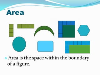 Area

 Area

is the space within the boundary
of a figure.

 