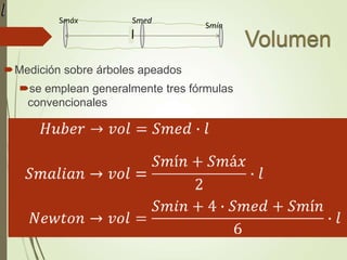 Medición sobre árboles apeados
se emplean generalmente tres fórmulas
convencionales
Smáx Smed
Smín
l
 