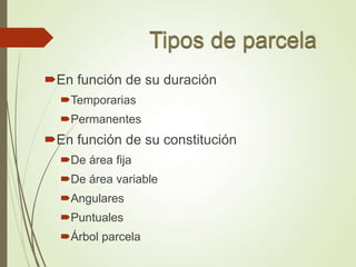 En función de su duración
Temporarias
Permanentes
En función de su constitución
De área fija
De área variable
Angulares
Puntuales
Árbol parcela
 