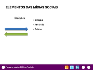 ELEMENTOS DAS MÍDIAS SOCIAIS


        Conexões
                           › Direção
                           › Iniciação
                           › Ênfase




Elementos das Mídias Sociais
 