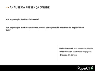 >> ANÁLISE DA PRESENÇA ONLINE


a) A organização é achada facilmente?


b) A organização é achada quando se procura por expressões relevantes ao negócio-chave
dela?
 