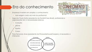 Era do conhecimento
• Empresas investem em ampliar o conhecimento
• Mas exigem cada vez mais do profissional
• Segundo Paulo Kretly (presidente da FranklinCoey Brasil), profissionais e
organizações tem 4 necessidades básicas:
• Coração
• Mente
• Espírito
• Corpo
• Para Fernando Alves (presidente da PricewaterhouseCoopers), é necessário a
interação:
 