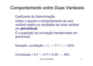 Comportamento entre Duas Variáveis
Coeficiente de Determinação:
Indica o quanto o comportamento de uma
variável explica os resultados de outra variável
em percentual.
É o quadrado da correlação transformado em
Jorge Luís Brugnera 4
É o quadrado da correlação transformado em
percentual.
Exemplo: correlação = 1 → 12 = 1 → 100%
Correlação = 0,7 → 0,72 = 0,49 → 49%
 